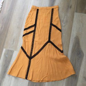 NWT UO Mustard Midi High Waisted Lace Detail Skirt